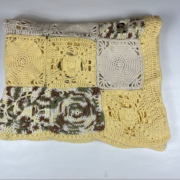 Handmade Crochet COTTON Afghan Cottage Yellow Off-White Multi Cabin 49" x 76" - Picture 6 of 8